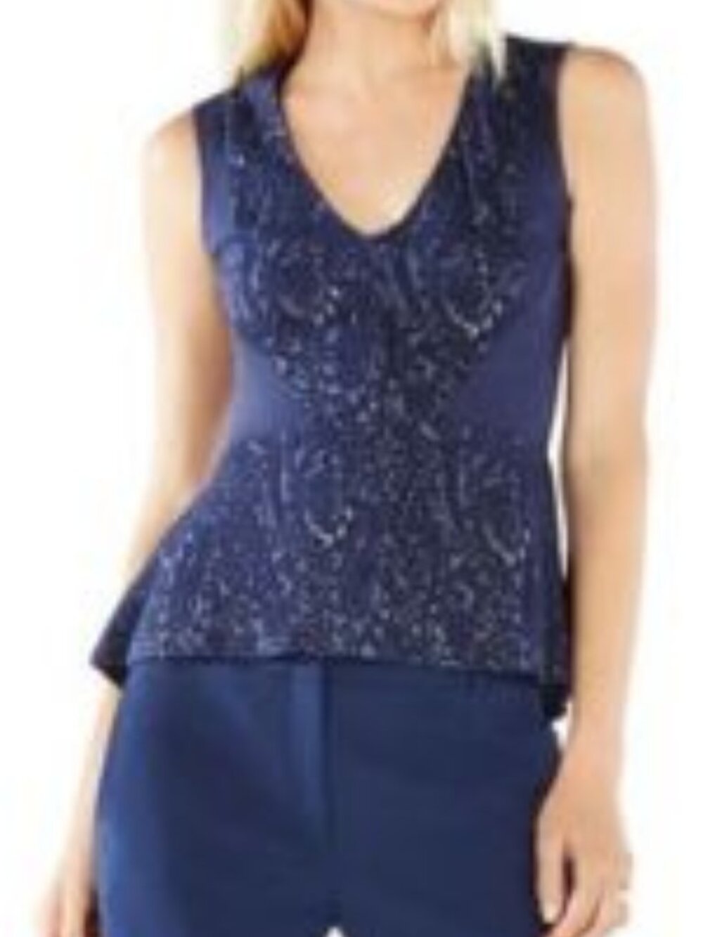BCBGMAXAZRIA Steffiana Navy Lace Jacquard Peplum Top Size S iZombie Wardrobe